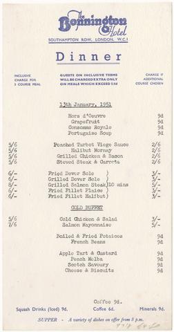 Dinner : 13th January, 1951 / the Bonnington Hotel, Southampton Row, London, W.C.1.