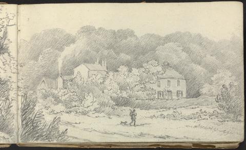 Thomas Bradshaw Album of Landscape and Figure Studies: Rural Scene with Houses and a Hunter and His Dog