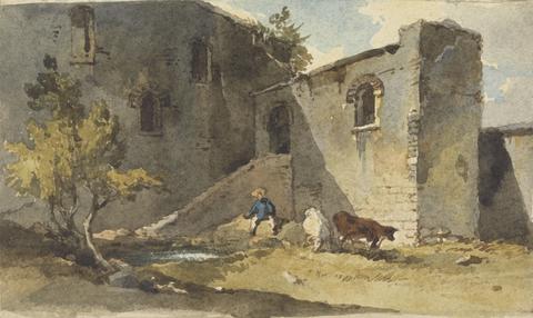George Chinnery Figure with Cattle Standing in the Shadow of a Building