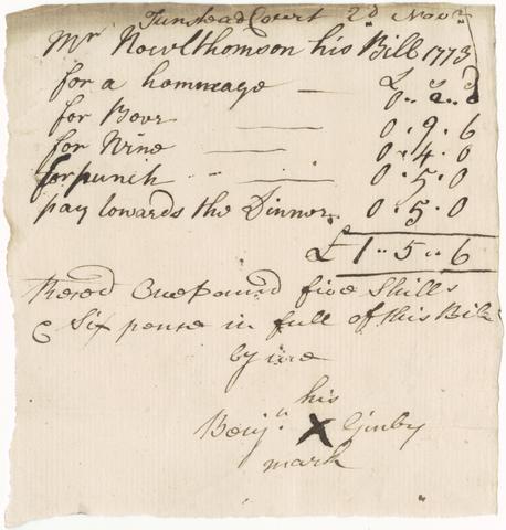  [Bill for food and drink, Tunstead, 1773]