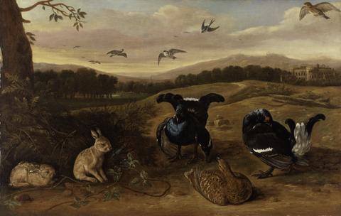 Leonard Knyff Black Game, Rabbits, and Swallows in a Park