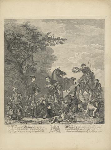 L. Truchy A set of seven, untitled, each dedicated: To the Right Hon'ble. Thomas Lord Viscount Weymouth...from the Original Painting in Long Leat Hall. [The kill: two riders dismounted, one holding fox above clamouring hounds; the huntsman blowing his horn ...]