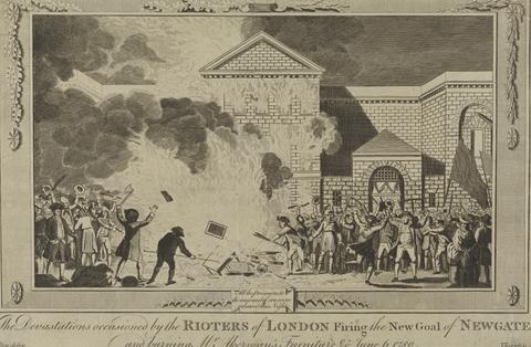 Thornton The Devastations occasioned by the Rioters of London Firing the New Goal of Newgate and burning Mr. Akerman's furniture & c. June 6, 1780