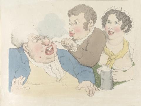 [ Caricature of two men and a woman, one of the men blowing smoke ]