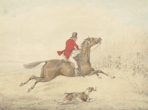 Henry Thomas Alken Rider on a Brown Horse About to Jump a Rail Fence to the Right
