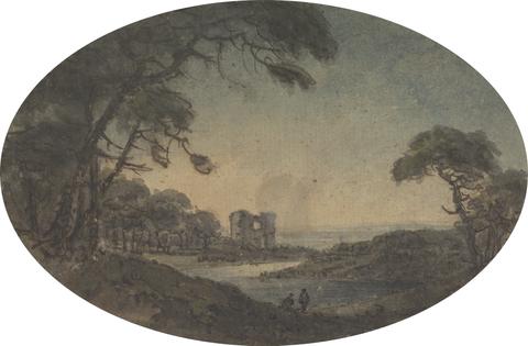 Rev. William Gilpin Landscape with Two Men and a Castle Ruin on the Riverbank