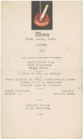 Menu : 22nd, March, 1939 : dinner, 2/6.