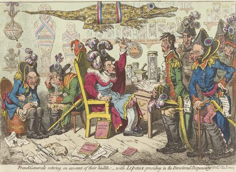 James Gillray French Generals Retiring, on Account of their Health; - with Lepaux Presiding in the Directorial Dispensary