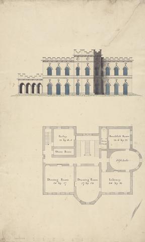 unknown artist Design for Clifton Castle, Yorkshire: Plan and Elevation in the Gothic Style