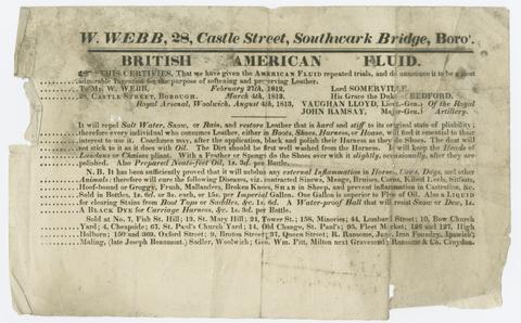 Webb, W., active 1813. Three advertisements for American Fluid leather treatment, manufactured by W. Webb, London.
