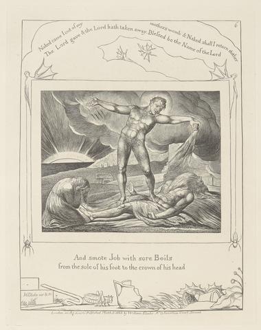William Blake Book of Job, Plate 6, Satan Smiting Job with Boils