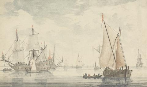 Johann Teyler Zeegezicht met Fregat en Zeilschepen