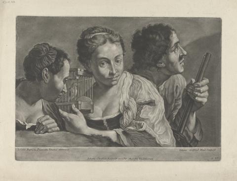 Johann Gottfried Haid Two Women Listening to a Bird, with a Man Holding a Gun
