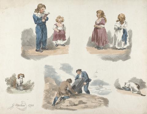 George Morland Set of Five: Studies of Children, a Dog, a Cat, etc.