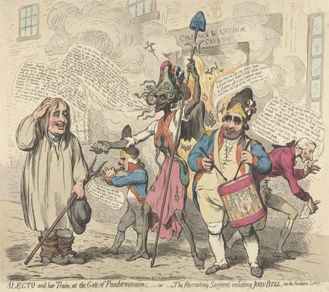 James Gillray Alecto and Her Train, at the Gate of Pandeomonium; - or - The Recruiting Sargeant Enlisting John Bull, Into the Revolution Service