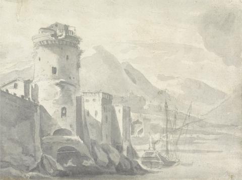 Thomas Wyck Fortified Buildings rising Steeply from a River Bank (in Italy ?) with Boat centre and distant Mountains