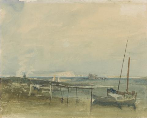 Coast Scene with White Cliffs and Boats on Shore