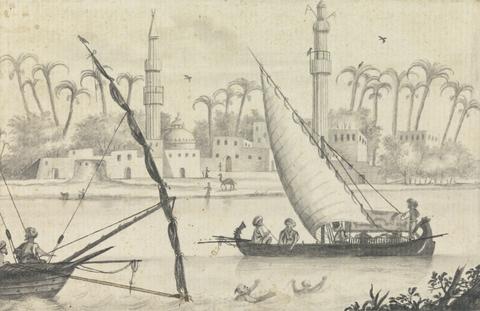 unknown artist Views in the Levant: Men Sailing Small Boat With Canopy Past Buildings and Many Palm Trees