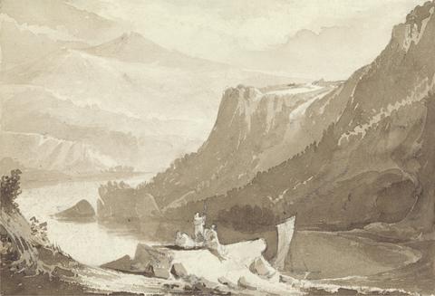 John Martin Mountainous Landscape with Figures and a Rock Above a Lake