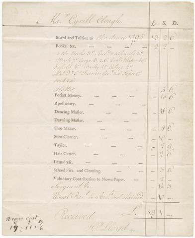 Bill for school expenses for Cyrill Clough, at Henry Lloyd's school.