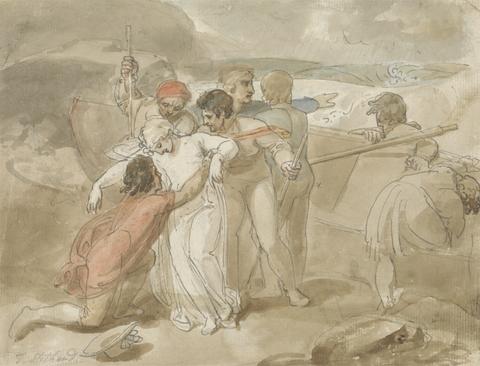 Thomas Stothard A Woman Rescued from the Sea and Assisted Ashore, Rowing Boat and Rescuers in Background