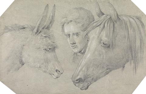 Henry Thomas Alken Head of a Stable Lad, Looking Between the Heads of a Horse, on His Left, and a Donkey, on His Right
