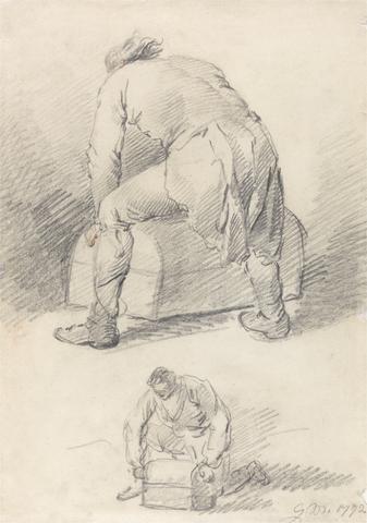 George Morland A Man Lifting a Trunk, Two studies on one sheet
