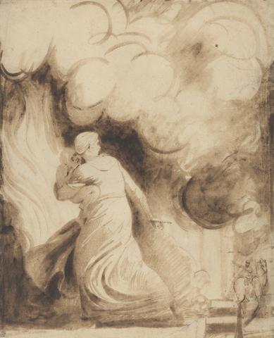 George Romney A Mother with Her Child in Her Arms Flying upon the Ramparts of a City in Flames
