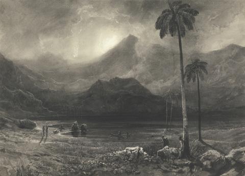 William West of Clifton near Bristol A Far Eastern Subject with Palm Trees and Figures on Shore or in Small Rowing Boats