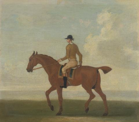 James Seymour One of Four Portraits of Horses - a Chestnut Racehorse with Jockey Up: walking to the left; jockey in buff-yellow jacket