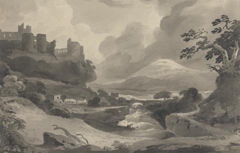 John Varley Mountain Landscape with Castle Ruins on a Cliff