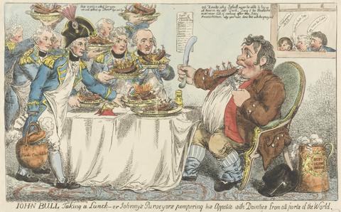 Charles Ansell John Bull Taking a Lunch - or Johnny's Purveyors Pampering His Appetite with Dainties From All Parts of the World (from: Caricature, vol. 3)