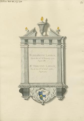 Daniel Lysons Memorial to Elizabeth and Sir Timothy Lannoy from Hammersmith Chapel of Ease