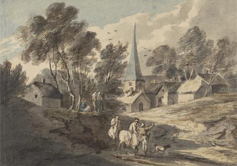 Thomas Gainsborough RA Travellers on Horseback Approaching a Village with a Spire
