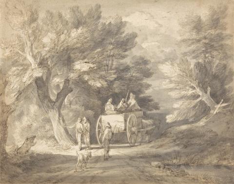Thomas Gainsborough RA Wooded Landscape with Country Cart and Figures Walking down a Lane