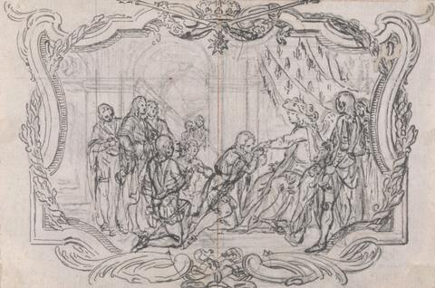 Hubert-François Gravelot Design for a Vignette: The King of France Surrounded by Courtiers
