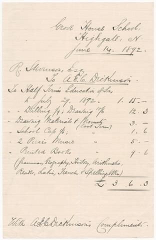 Bill for expenses at Grove House School, Highgate.