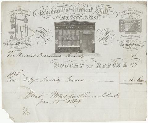 Reece & Co. (London, England), creator. [Billhead of Reece & Co. for supplies bought by the Medical Botanical Society].