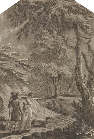 unknown artist Robin Hood and Clarinda hunting deer in a wooded landscape