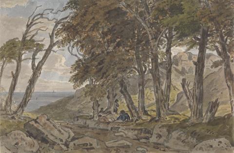 George Barret Jr. Figures on the Bank of a Wooded Lane, with Sea in Distance Left