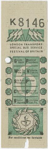London Transport Executive. [Ticket for 1951 Festival of Britain special bus service].