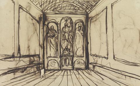 Benjamin Robert Haydon Study of an Interior Room with Religious Images on the Wall Panels