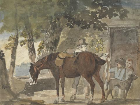 Conrad Gessner A Horse, Dog and Figures outside a Cottage