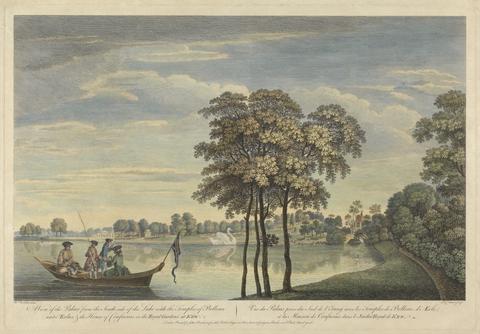 Pierre Charles Canot A View of the Palace from the South side of the Lake with the Temples of Bellona and AEolus and the House of Confucius in the Royal Gardens at Kew