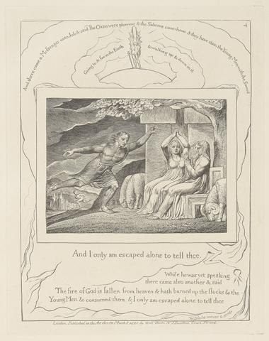 William Blake Book of Job, Plate 4, The Messengers Tell Job of His Misfortunes
