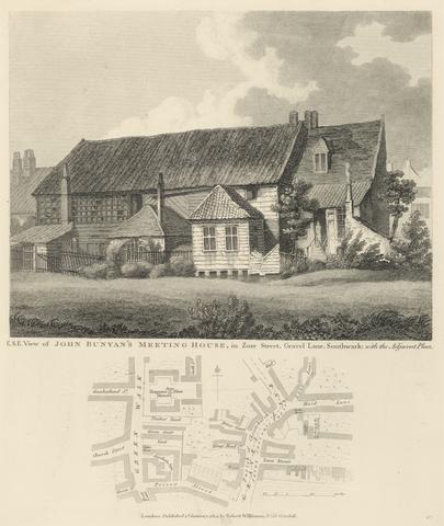 Robert Wilkinson E.S.E. View of John Bunyan's Meeting House in Zoar Street, Gravel Lane, Southwark with the Adjacent Plan