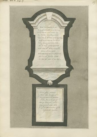 Daniel Lysons Memorial to Edward Smyth, Elizabeth Smyth, Mary Smyth, Elizabeth Barry and Mary Savoy of Acton Church