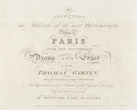 James Girtin Title page for: A Selection of the most Picturesque Views in Paris and its environs