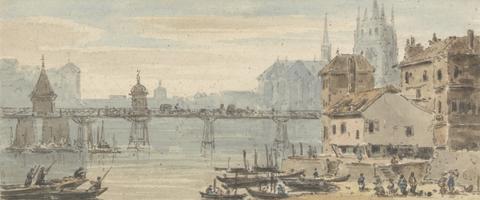 John Henderson Basel, Bridge Center, Quayside, with Figures and Shipping Right, with Cathedral Rising behind Buildings