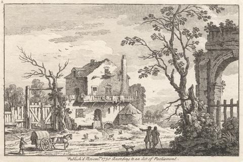 Francois Vivares Cottage with ruined arch, horse and cart, two travellers (set of 6)